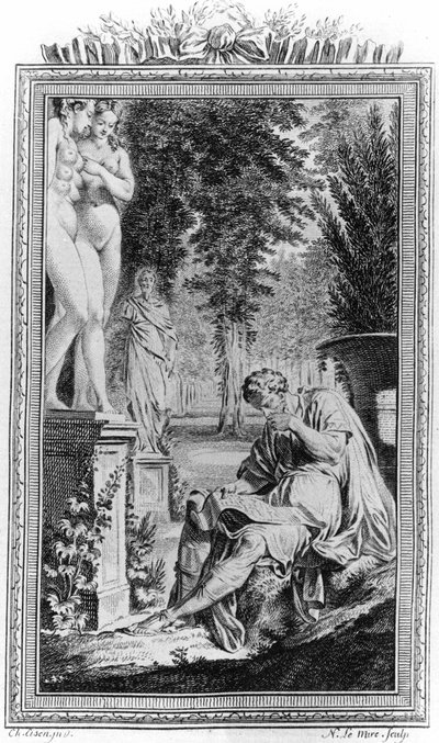 Tito Lucrezio Caro (Lucrezio) filosofo e poeta romano in "De Rerum natura", Incisione del XVIII secolo da Unknown artist