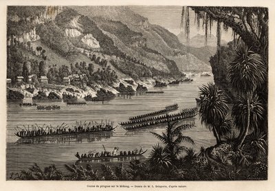 Gara tradizionale di canoe sul fiume Mekong, organizzata ogni anno alla fine della stagione delle piogge, come una prestigiosa competizione tra i villaggi di pescatori e agricoltori vicini al fiume. Incisione per illustrare il viaggio di esplorazione in In da Unknown artist