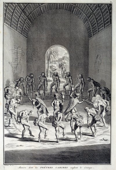 Danza tradizionale: Riti nella danza del coraggio dei Caribi, Indie Occidentali (America Centrale). Incisione del XVIII secolo. Chartres, Museo delle Belle Arti da Unknown artist