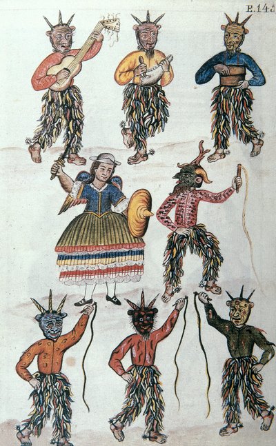 Danza tradizionale dei Diablicos in Perù, dal libro "Trujillo del Peru" o "Códice Martínez Compañón", di Baltazar Martinez Compañón y Bujanda, vescovo di Trujillo (1782-1785) da Unknown artist