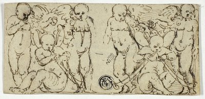 Due gruppi decorativi di putti con trombe e frutta da Unknown artist