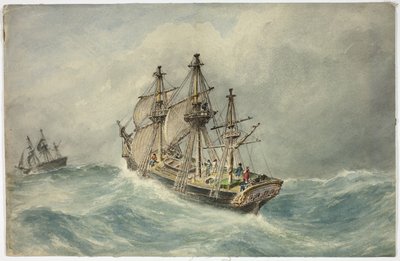 Due navi a tre alberi in mare tempestoso da Unknown artist