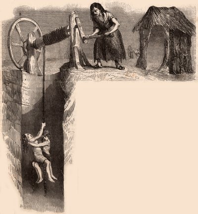 Due bambini esausti estratti da una miniera di carbone inglese da una donna con un argano (incisione) da Unknown artist