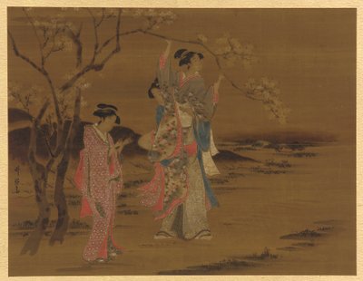 Due ragazze e un uomo sotto un ciliegio da Unknown artist