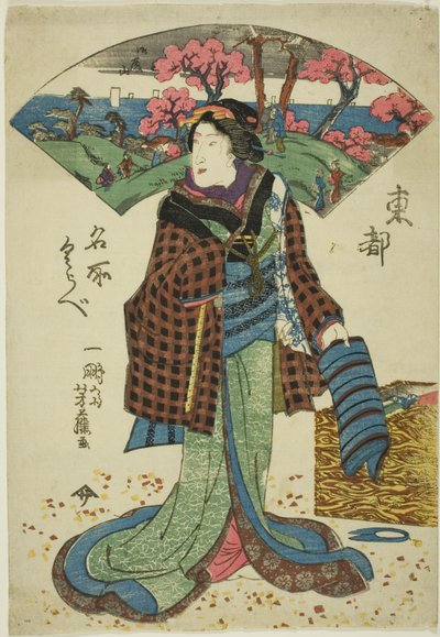 Due stati della stessa stampa che mostrano una donna, apparentemente una sarta, isolata sulla pagina con un ventaglio paesaggistico dietro di lei nella parte superiore della stampa. Dalla serie: Tôto Meisho Kurabe da Unknown artist