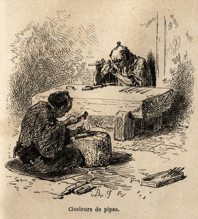 Due operai, ciascuno con un martello e un punzone, stanno scolpendo tubi di metallo nella loro officina. Incisione per illustrare il viaggio in Giappone, di Aime Humbert, ministro della Confederazione Svizzera, nel 1863-1864, pubblicato in 