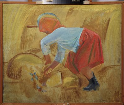 Una mietitrice con una falce sulla testa da Unknown artist