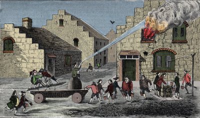 Uso di una pompa antincendio per spegnere un incendio. Incisione del 1733 da Unknown artist