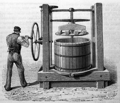 Uso della pressa per ottenere vinaccia a Medoc e Cognac. Incisione della fine del XIX secolo da Unknown artist