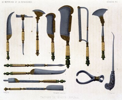 Tavola di caccia: kit del cacciatore del XVI secolo. In “Il Medioevo e il Rinascimento” di Lacroix da Unknown artist