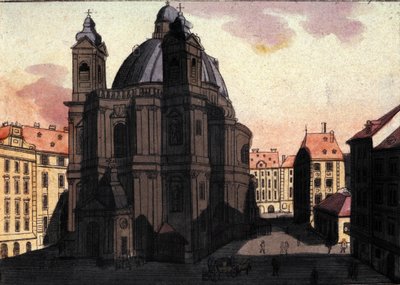 Veduta di Piazza San Pietro e della Chiesa a Vienna, Austria. Incisione del 1820 da Unknown artist