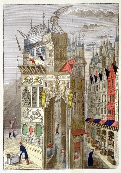 Veduta di una via di Parigi nel XV secolo, con le sue case a graticcio e una chiesa in costruzione. da Unknown artist