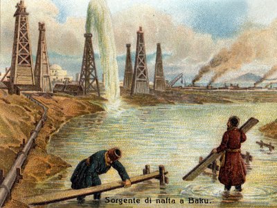 Veduta dei pozzi petroliferi a Baku, Azerbaigian. Cromolitografia circa 1890 da Unknown artist