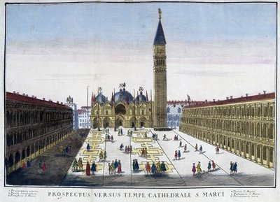 Veduta della Basilica e del Campanile da Piazza San Marco a Venezia, Italia. Incisione del XVIII secolo. da Unknown artist