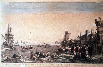 Veduta della città e del porto di Tunisi nella barbarie sul Mar Mediterraneo - Pirati catturati che arrivano al porto de La Goulette a Tunisi. Incisione del XVIII secolo da Unknown artist