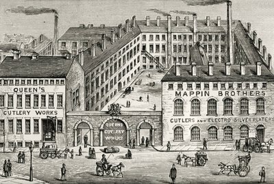 Veduta della fabbrica di posate dei fratelli Mappin a Londra. Dettaglio di un annuncio del 1891. (incisione) da Unknown artist