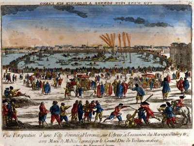 Vista della festa data a Firenze sulle rive del fiume Arno dal Granduca di Toscana in occasione del matrimonio di Enrico IV con Maria de