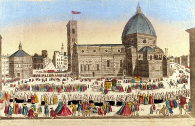 Veduta della grande cattedrale di Firenze (Duomo Santa Maria del Fiore) realizzata da Filippo Brunelleschi, nel giorno della processione del Santo Dio. Circa 1790 da Unknown artist
