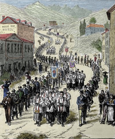 Veduta della processione dalla stazione alla grotta di Lourdes nei Pirenei dove la Vergine apparve a Bernadette Soubirous nel 1858, attuale luogo di pellegrinaggio. Incisione del XIX secolo da Unknown artist