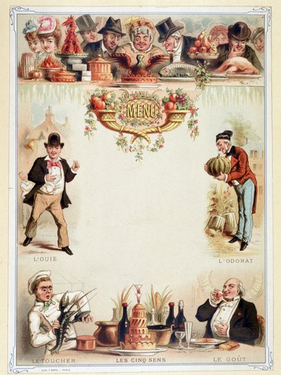 Menu vergine, illustra i cinque sensi - cromolitografia, fine XIX secolo da Unknown artist