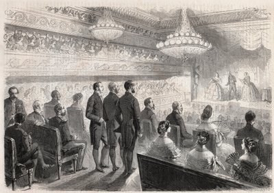Visita di Guglielmo I di Prussia (1797-1888) a Compiegne: spettacolo di gala al teatro del palazzo alla presenza di Napoleone III (1808-1873) - Incisione in "The Illustrous World" da Unknown artist