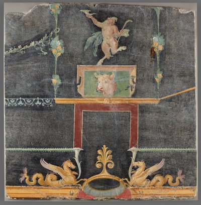 Frammento di muro con satiro danzante, ippocampi e altri motivi decorativi su fondo nero da Unknown artist