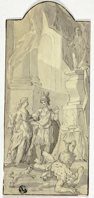Guerriero che conversa con una dama al banchetto, con un uomo morto ai loro piedi da Unknown artist