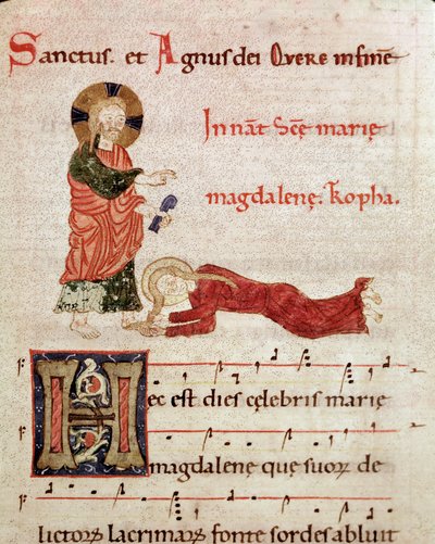Lavanda dei piedi: Maria Maddalena appoggiata ai piedi di Cristo Miniatura da un antifonario graduale (ms. 65) XII secolo Piacenza, Biblioteca Capitolare da Unknown artist