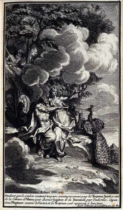 Mentre la lotta continua a essere vantaggiosa per i Troiani, Giunone usa la cintura di Venere per incantare Giove, e il sonno per addormentarlo. Tuttavia, Nettuno risveglia i Greci e i Troiani vengono respinti. Illustrazione del libro XIV dell