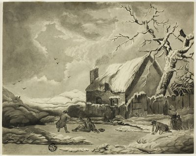 Scena invernale con persone fuori da un cottage vicino a uno stagno da Unknown artist