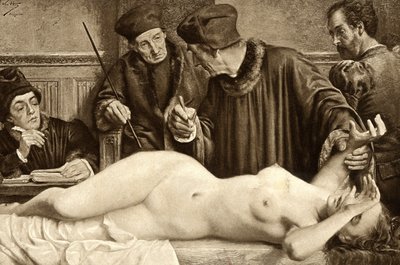 Stregoneria. Gli scienziati cercano una talpa sul corpo di una strega, per pizzicarla e studiarne la reazione. Illustrazione di E. Van Hoove. 1888 da Unknown artist