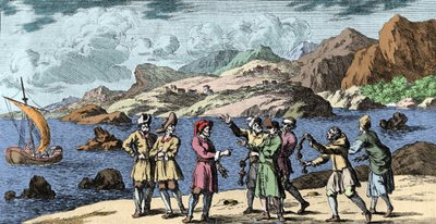 Stregoneria e credenze: finlandesi e sami provocano una tempesta con la magia di tre nodi. Incisione da 