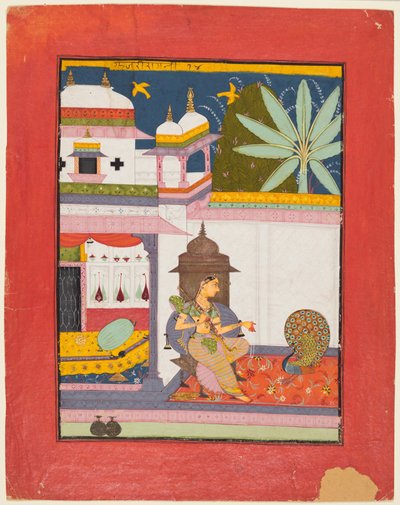 Donna che parla a un pavone: Gujari Ragini di Megh, da una Ragamala da Unknown artist