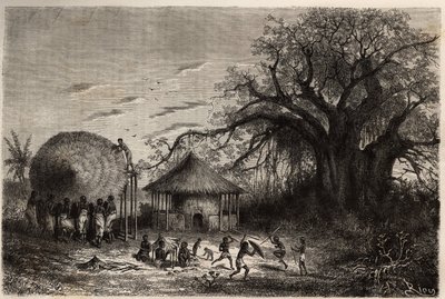 Donne dai bordi dello Zambeze che salutano le capanne e in primo piano, giochi per bambini. Incisione per illustrare i primi viaggi del Dr. Livingstone nell