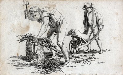 Boscaioli che fanno fasci di legna e uomo che trasporta fasci su una carriola. Incisione di fine XVIII secolo. Collezione privata. da Unknown artist