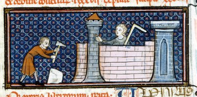 Operai che costruiscono un monastero fortificato, miniatura della metà del XIII secolo. Biblioteca Trivulziana da Unknown artist