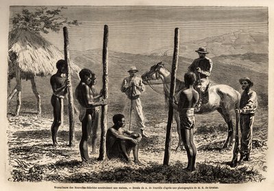 Lavoratori delle Nuove Ebridi (o dal 1980, la Repubblica di Vanuatu, un arcipelago melanesiano a nord della Nuova Caledonia), che costruiscono una casa, che l