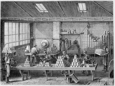 Officina per riempire e saldare lattine - in "Le meraviglie dell