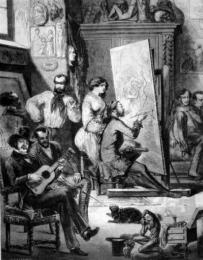 Laboratorio di un pittore nel XIX secolo. Alcuni suonano musica, altri fumano mentre il pittore disegna. Incisione del XIX secolo da Unknown artist