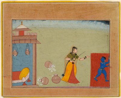 Yashoda castiga il figlio adottivo, il giovane Krishna, pagina da un manoscritto del Bhagavata Purana da Unknown artist