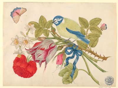 Uccello giallo e blu su bouquet con rosa, tulipani e narcisi, con farfalle da Unknown artist