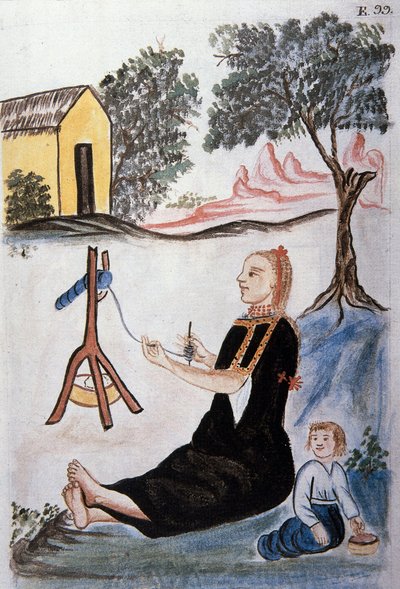 Giovane donna indiana che fila la lana, dal libro "Trujillo del Peru" o "Codice Martínez Compañón", di Baltazar Martinez Compañón y Bujanda, vescovo di Trujillo (1782-1785) da Unknown artist
