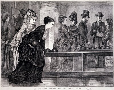 Giovani donne che giocano a bowling, negli Stati Uniti, circa 1870 - incisione da Unknown artist