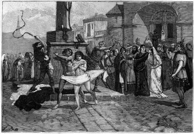 Un uomo e una donna adulteri vengono frustati sulla piazza pubblica in un villaggio in Francia nel Medioevo. Incisione del XIX secolo che illustra i costumi dei francesi da Unknown artist