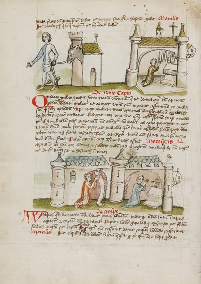 Un uomo con spada e speroni conduce un asino dalla sua casa mentre un uomo prega in una chiesa vicina; due persone in preghiera in una chiesa da Unknown artist/maker