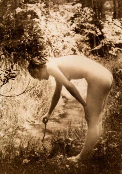 Una giovane donna, nuda nel bosco, vista di profilo mentre si china per mettere un ramo in un ruscello. da Unknown photographer