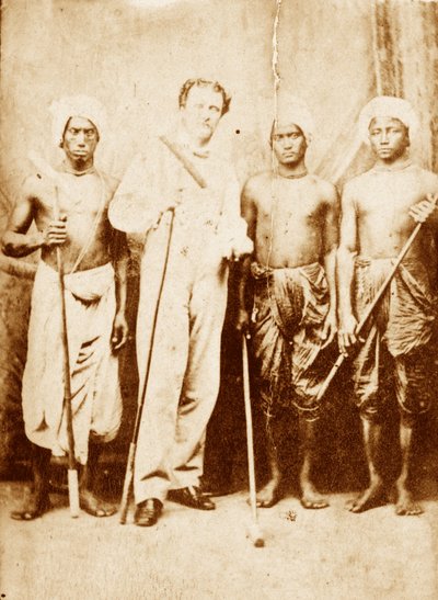 Tenente Joseph Sherer, Assistente del Sovrintendente di Cachar, con i suoi portatori, Manipur, circa 1861 da Unknown