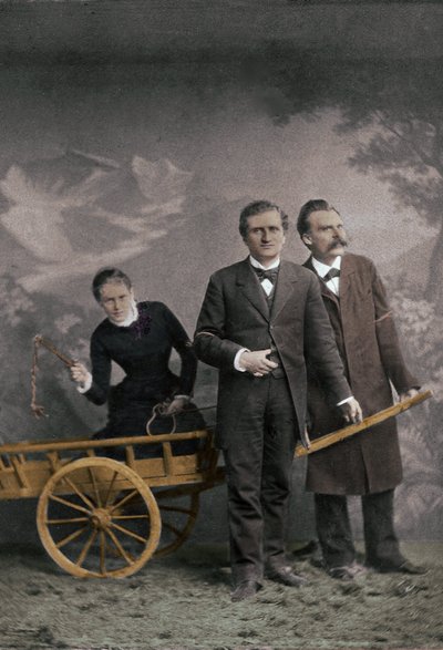 Paul Ree (1849-1901) filosofo inglese - Lou Andreas-Salomé (1861-1937) psicoanalista russa - Friedrich Nietzsche (1844-1900) filosofo tedesco - Maggio 1882 (Lucerna, Atelier Jules Bonnet) colorazione numerica da Unknown photographer