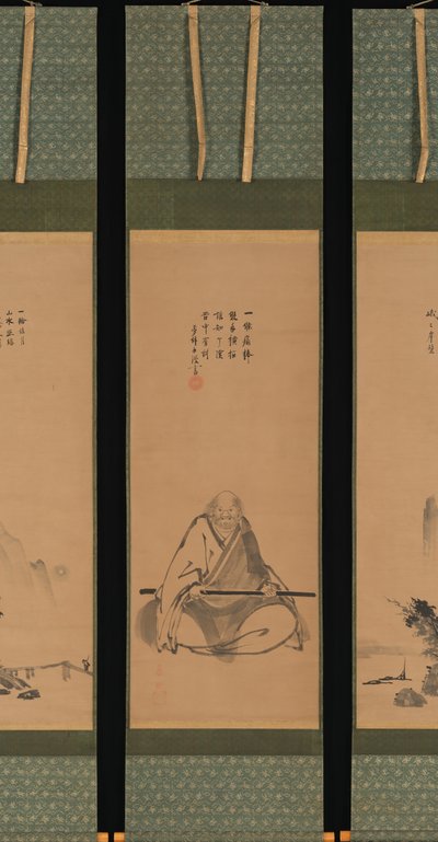 Maestro Zen con bastone da meditazione e paesaggi in stile cinese, probabilmente fine 1620-1644 da Unkoku Toeki