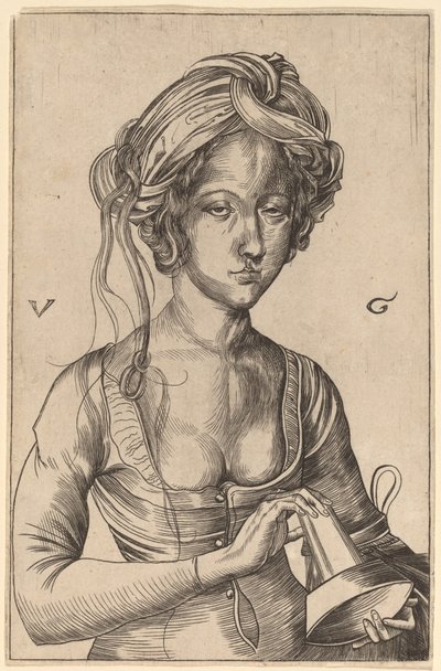 Figura busto di una vergine sciocca che tiene la sua lampada capovolta da Urs Graf I after Martin Schongauer